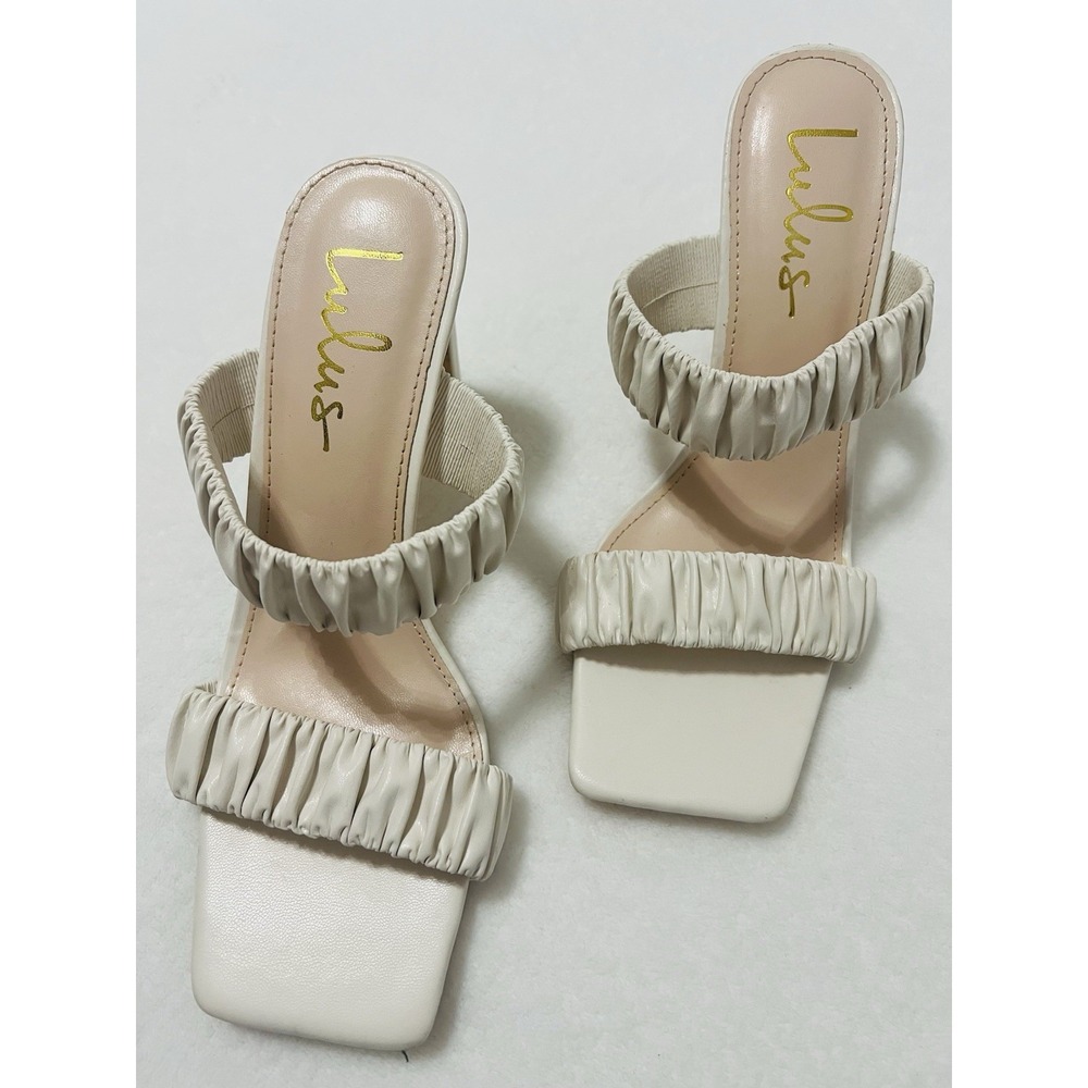 Lulus Off White Faux Leather Heels Slip On‎ Sandals Scrunchie Strap Open Toe 8.5